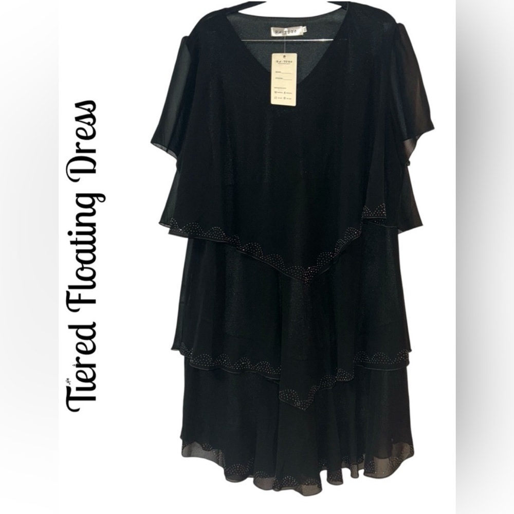 NEW Elegant Black with silver studs XL-XXL Sheer Tiered Mini Dress
